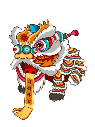 新年春节虎年元宵手绘人物舞狮卡通狮子头插画元素PSD设计素材