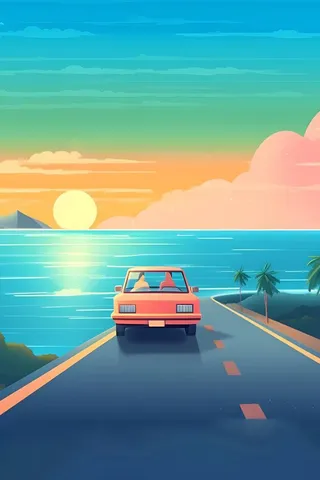 夏日海边公路夕阳开车插画背景