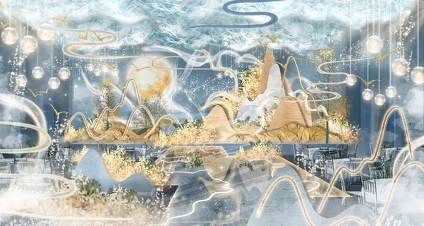 蓝色新中式山水婚礼效果图 蓝色新中式山水婚礼效果图