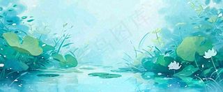 夏天池塘荷花池荷花荷叶河流插画手绘，夏至处暑小暑大暑