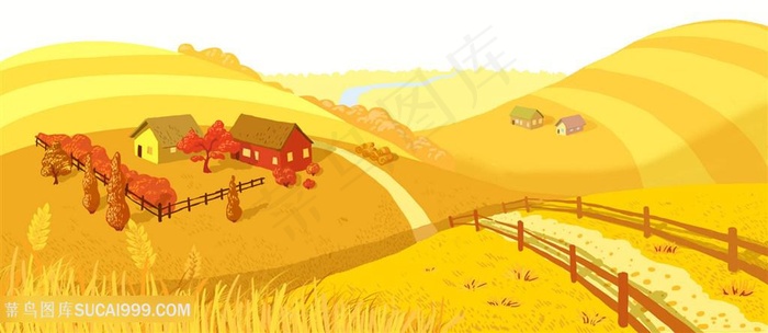 秋日农场手绘黄色农场麦田麦场