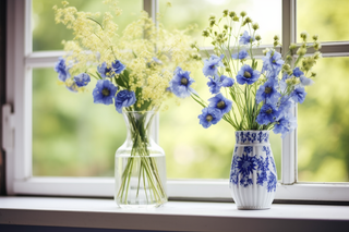 窗台上摆放的花瓶插着花摄影图