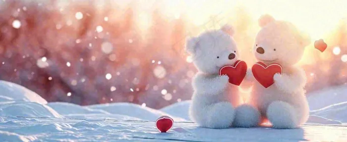 冬天雪地落日下爱情小熊，浪漫雪花情人节520爱情气球摄影图(1712x704)