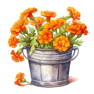 铁桶橘色小花插画免抠