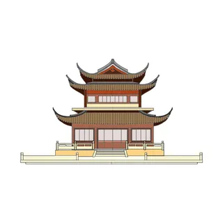 复古中国风国潮古建筑插画手绘高楼古塔PSD素材亭子png免抠图