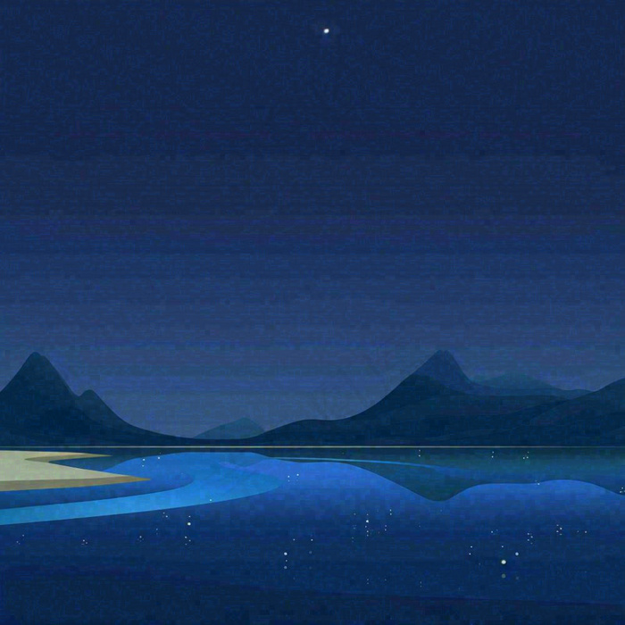夜晚河面星空月亮唯美夜景扁平插画手绘(1024x1024)