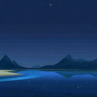 夜晚河面星空月亮唯美夜景扁平插画手绘