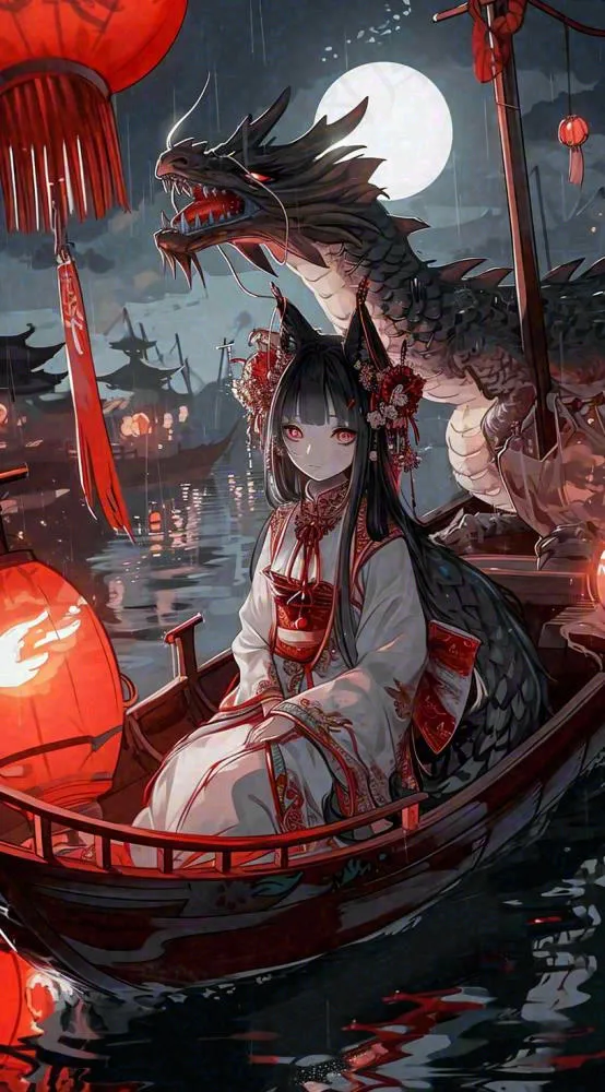 少女漫画古风灯笼夜晚夜景船只手绘插画(816x1472)