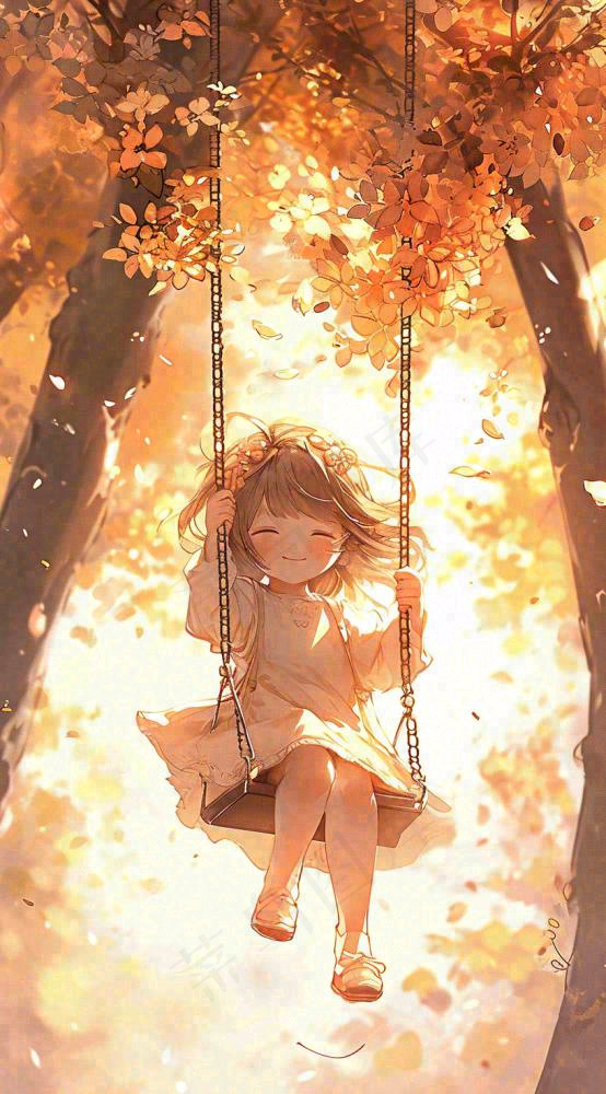 秋天落叶季节少女玩耍荡秋千，秋分儿童(816x1472)