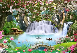 清新流水生财山水木房木桥风景