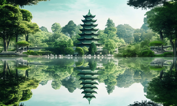 倒影水中的宝塔背后的树木山景风格摄影图(4272x2544)
