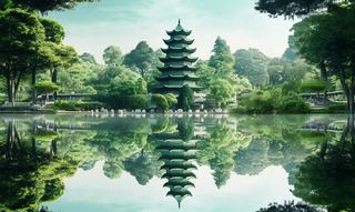 倒影水中的宝塔背后的树木山景风格摄影图