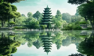 倒影水中的宝塔背后的树木山景风格摄影图