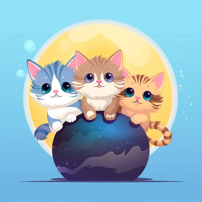 卡通插画多只猫咪围着圆球素材(3072x3072)