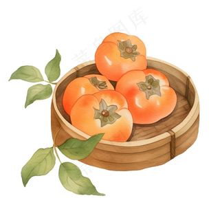 秋日柿子水果水彩画免抠