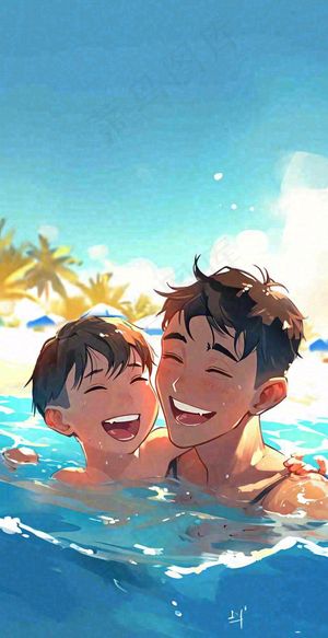 夏天父子游泳泳池蓝天白云清新手绘插画