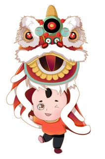 新年春节虎年元宵手绘人物舞狮卡通狮子头插画元素PSD设计素材