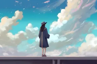 天空彩虹白云毕业的女孩插画背景