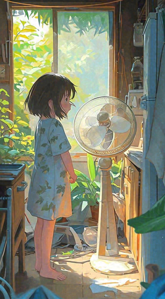 夏天炎热夏至室内小孩儿童吹风扇手绘插画(816x1472)