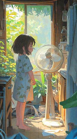 夏天炎热夏至室内小孩儿童吹风扇手绘插画