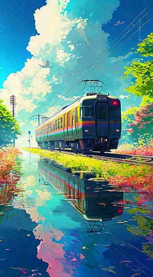 城市交通乡村铁路高铁，户外蓝天白云河边