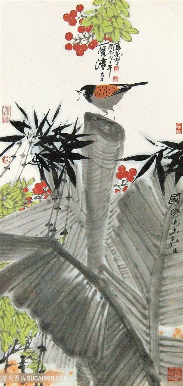 水墨竹叶鸟国画装饰画