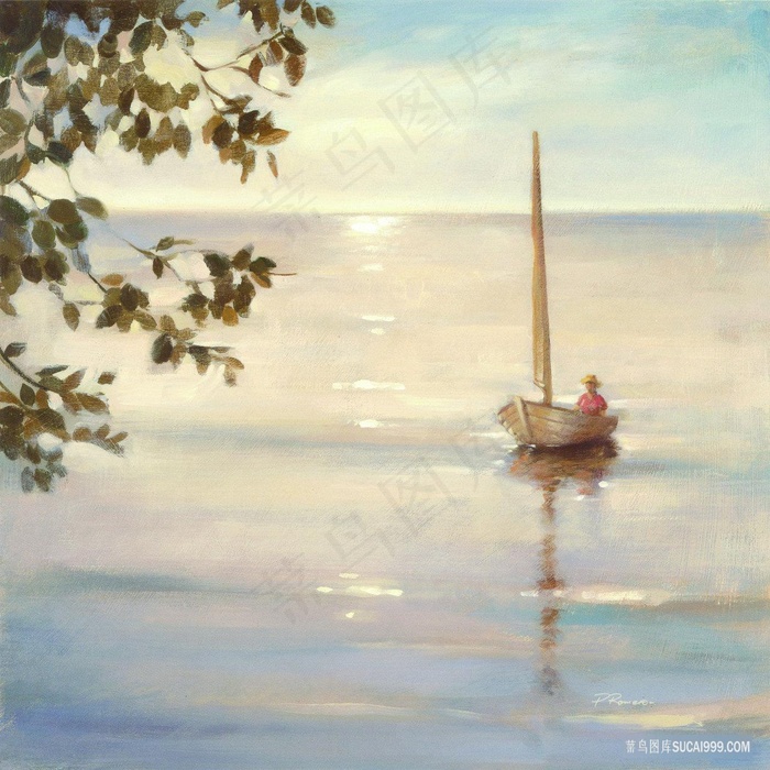 湖*木船人物油画