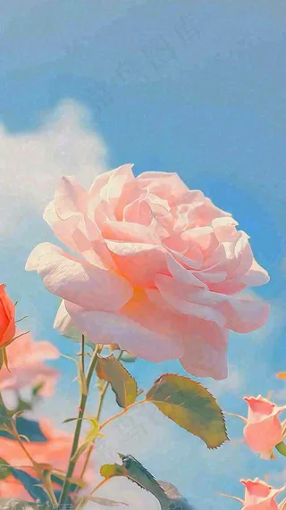 春天蓝天白云阳光下的浪漫粉色玫瑰枝叶绿叶