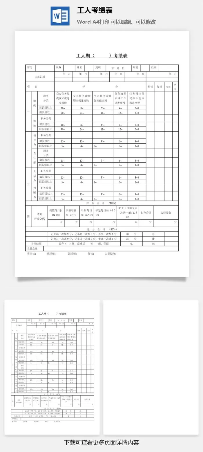 工人考绩表word模板