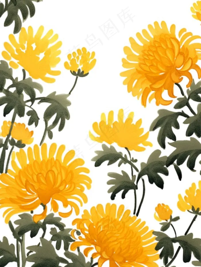 黄色菊花水墨画茶壶重阳节元素免抠(928x1232)