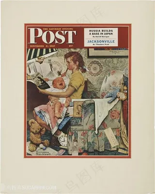 诺曼 · 洛克威尔母子室内沙发插画