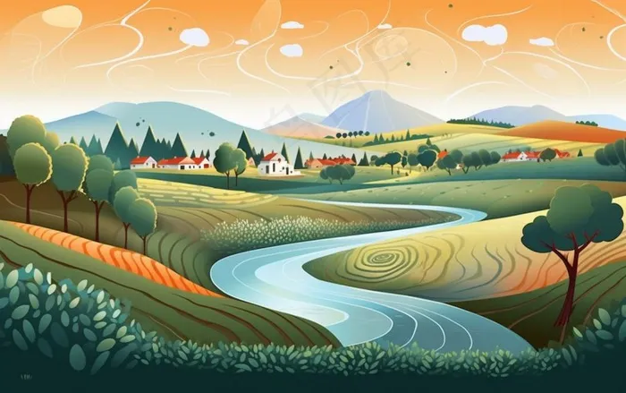 乡村村庄美丽风景河流插画农田插画背景(1376x864)
