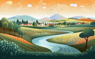 乡村村庄美丽风景河流插画农田插画背景