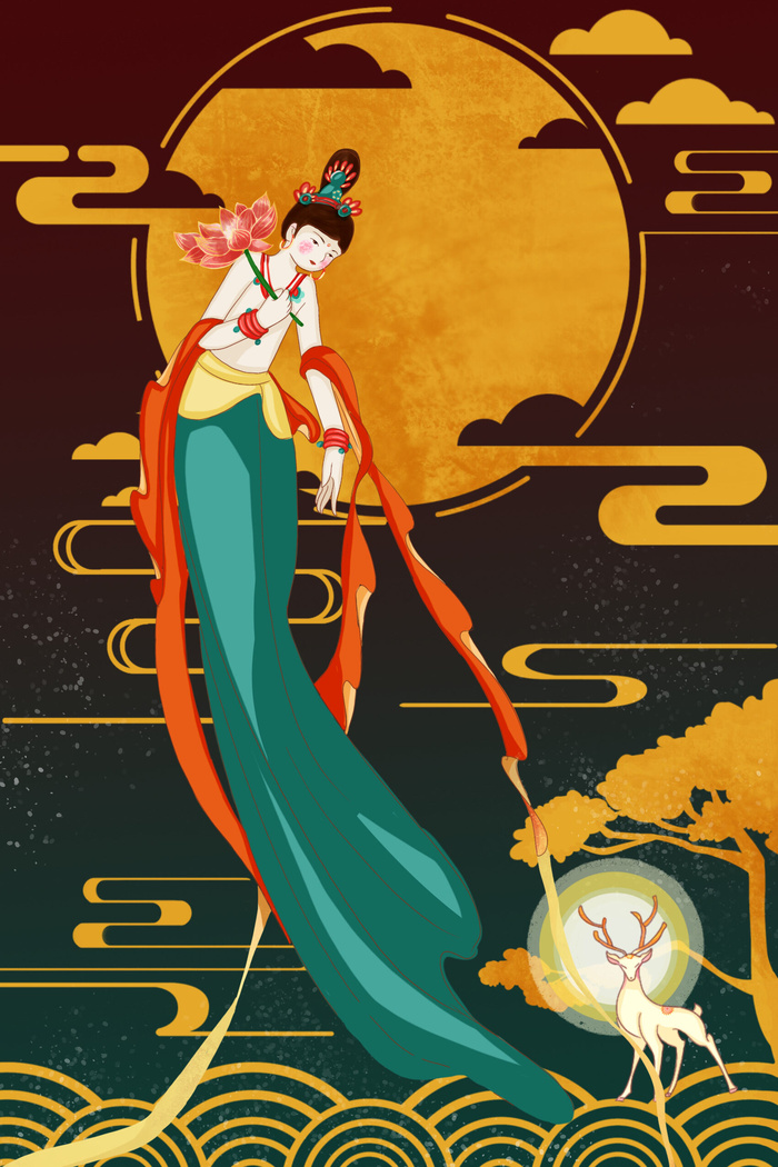 复古中国风国潮神话人物敦煌插画仙女手绘海报背景PSD设计素材psd模版下载