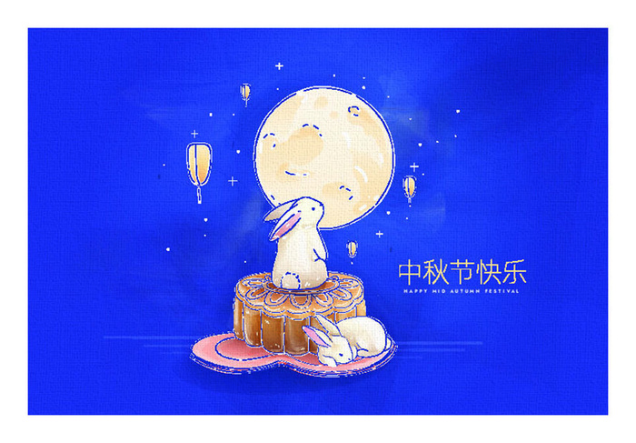 中秋节小白兔蓝色背景eps,ai矢量模版下载