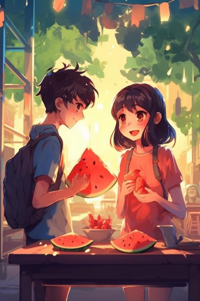 夏日卡通插画儿童吃西瓜动漫风背景(896x1344)