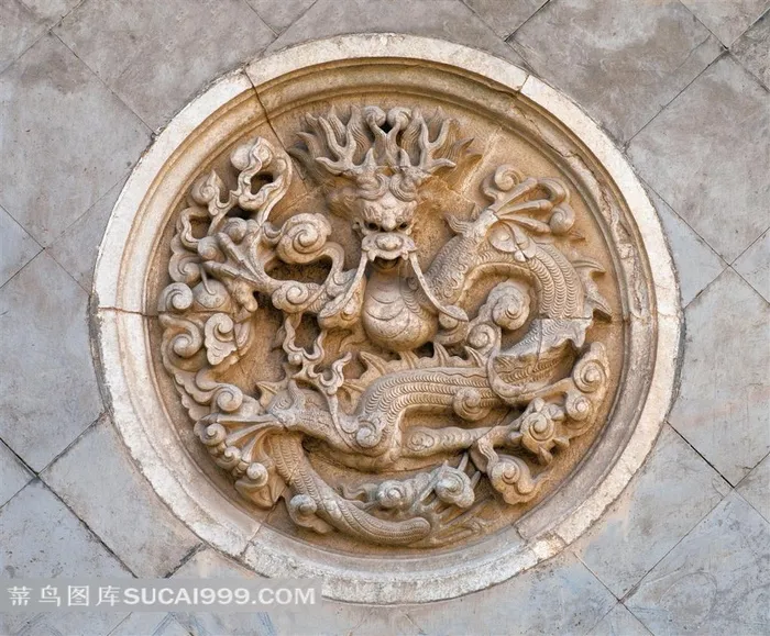 古典建筑圆形龙纹浮雕素材