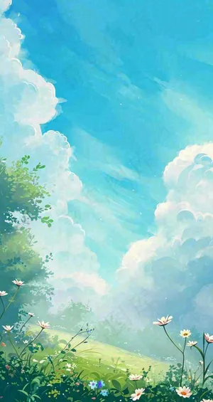 蓝天白云小花绿树树木草地插画手绘，春天春分