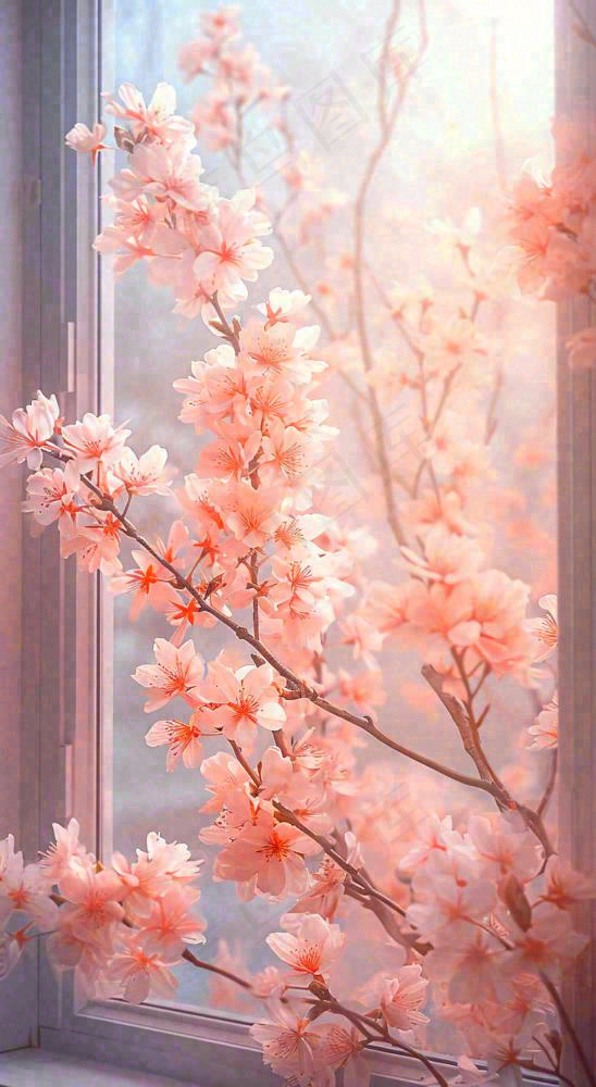 初春窗户边的粉色樱花花朵，温馨阳光，立春惊蛰春分(816x1488)