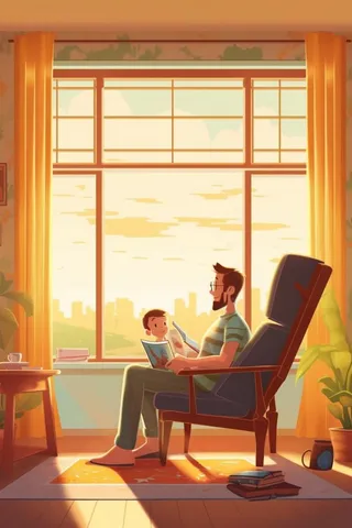 父子窗边看书橙色海报背景