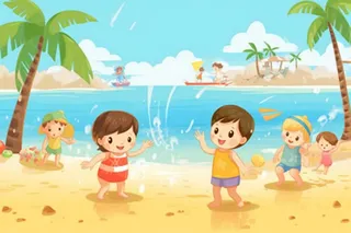 夏日沙滩儿童游玩插画背景