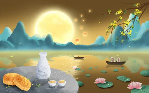 山水风景月饼荷花月亮中秋节节日背景写意