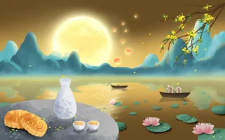 山水风景月饼荷花月亮中秋节节日背景写意