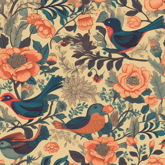 花鸟图，插画风格，无缝贴图，素材
