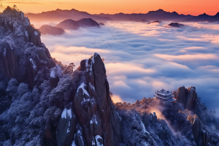 冬季高山云层日出雪景摄影图(4032x2688)