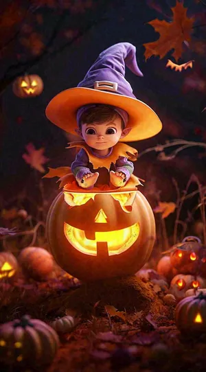 梦幻黑色万圣节恐怖南瓜，夜晚卡通动漫插画