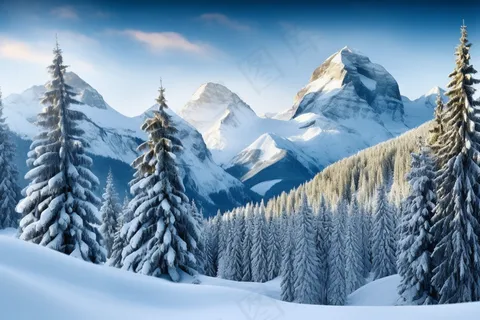 冬季雪山森林雾凇朝阳摄影图