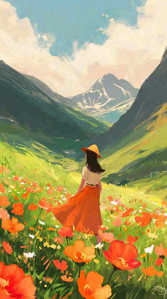 春天山脉草坪花海上穿裙子的女孩油画手绘插画，清新浪漫，踏青春游(816x1456)