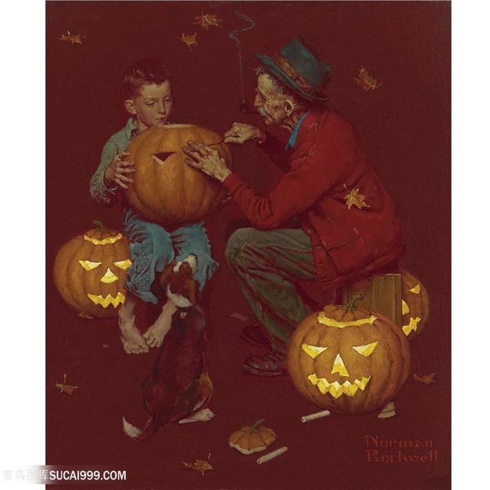 诺曼 · 洛克威尔老人雕刻南瓜灯装饰画