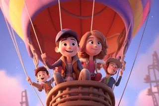 乘坐热气球滑翔粉紫云彩人物动画背景